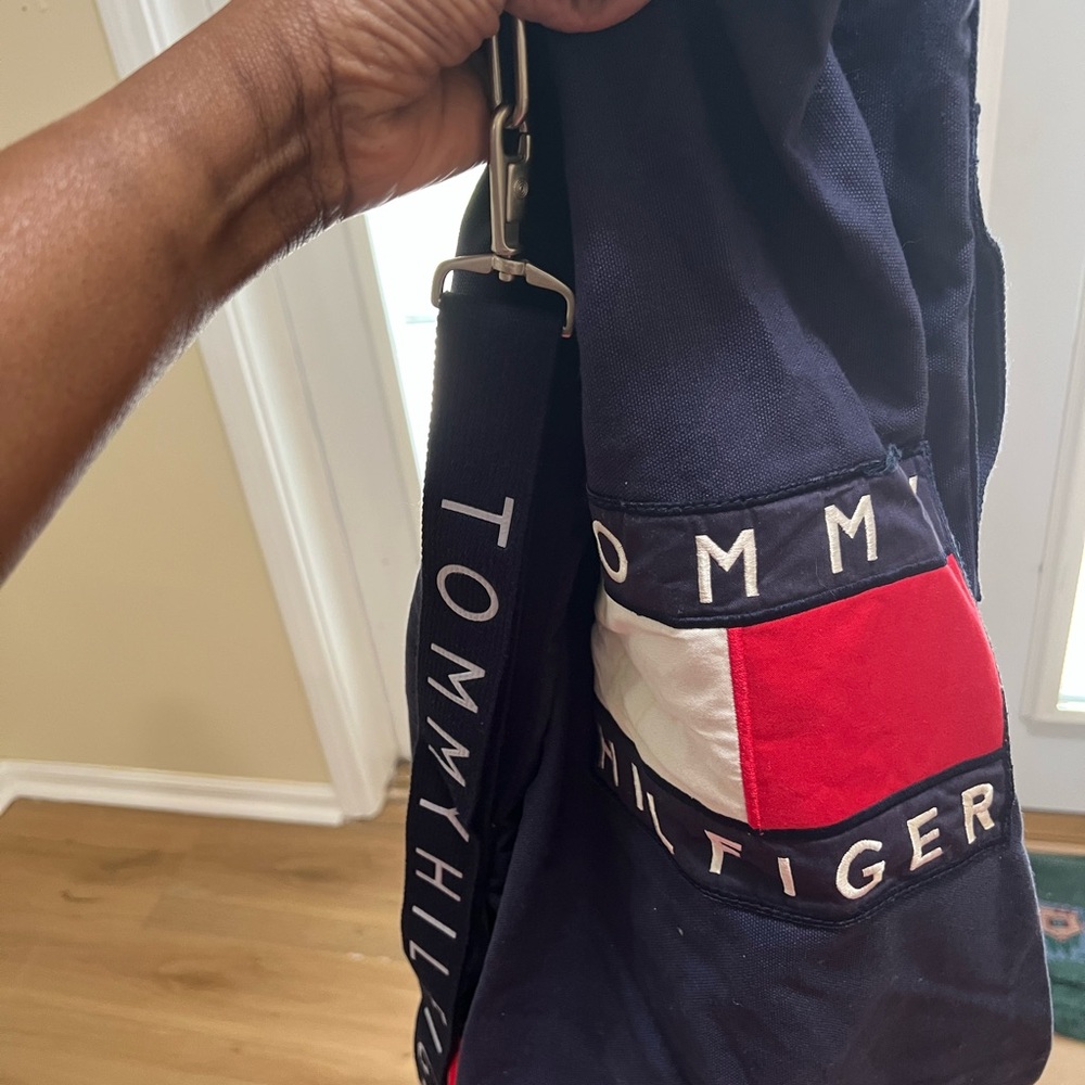 Tommy Hilfiger Navy Canvas Crossbody Sling with Red & White Flag